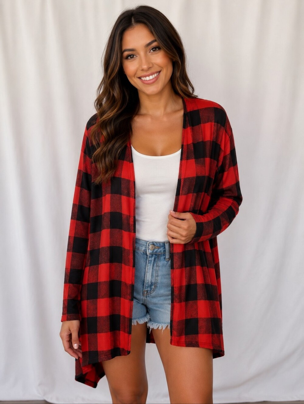 Red and Black Buffalo Plaid Open Cardigan